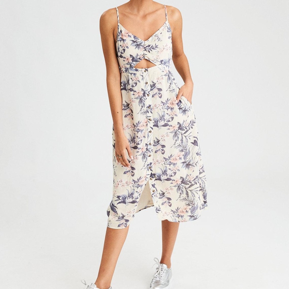 American Eagle Natural Floral Cutout Midi Dress M